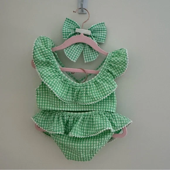 Janie and Jack Mint Green Gingham Ruffle Two-Piece Swimsuit With Matching bow 5T - Picture 2 of 4